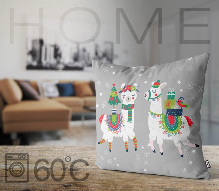 VOID Lamas Weihnachten grau Kissenbezug Kissenhülle Sofakissen Kissen Deko Weihnachten Winter Weihna