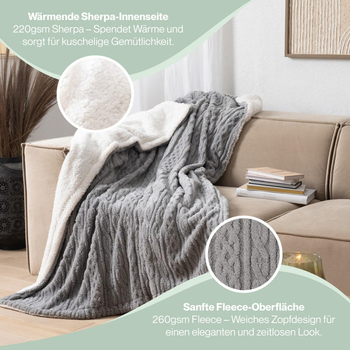 Blumtal Kuscheldecke 230x270 cm mit Zopfstrick-Optik - Oeko-TEX zertifizierte Mikrofaser Fleecedecke
