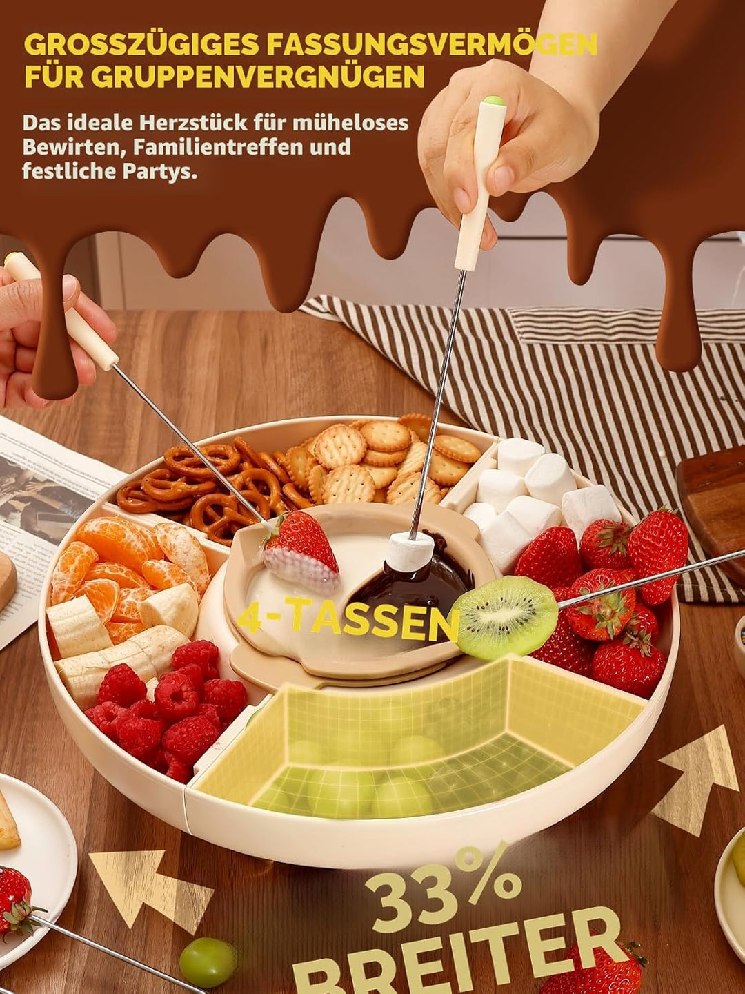 Schokofondue Set elektrisch, 800 ml Schokoladenschmelzer mit drehbarer Servierschale Fondueset, 4 Fä