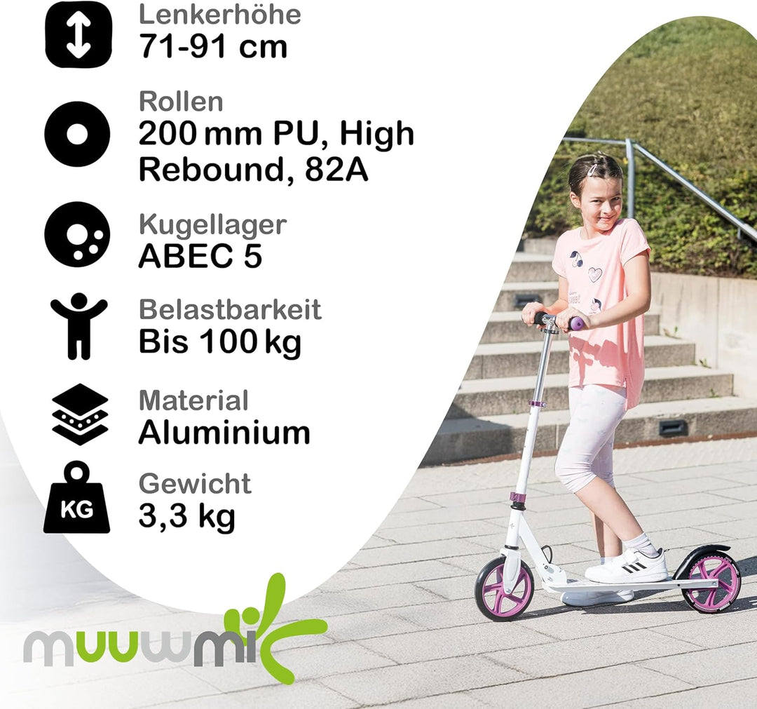 muuwmi Aluminium Scooter – Tretroller, 200 mm, ABEC 5, GS-geprüft, höhenverstellbar, XL-Deck, pink-t