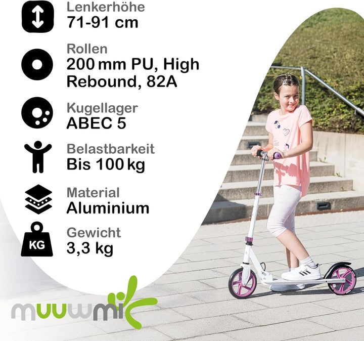 muuwmi Aluminium Scooter – Tretroller, 200 mm, ABEC 5, GS-geprüft, höhenverstellbar, XL-Deck, pink-t