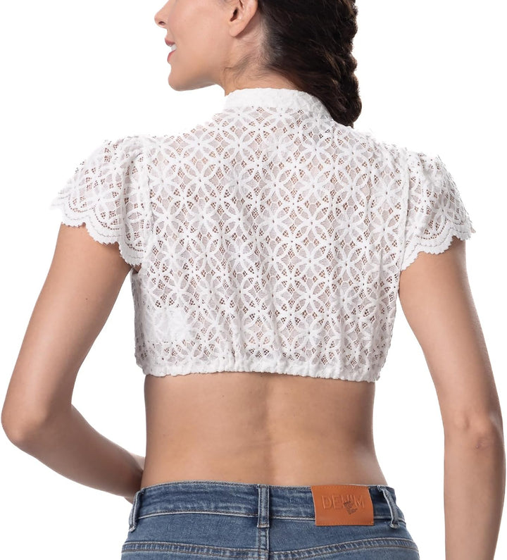 Dirndlparty Dirndlbluse Damen Schlicht, Kurzarm Dirndl Bluse Creme Spitze Trachtenbluse Oktoberfest