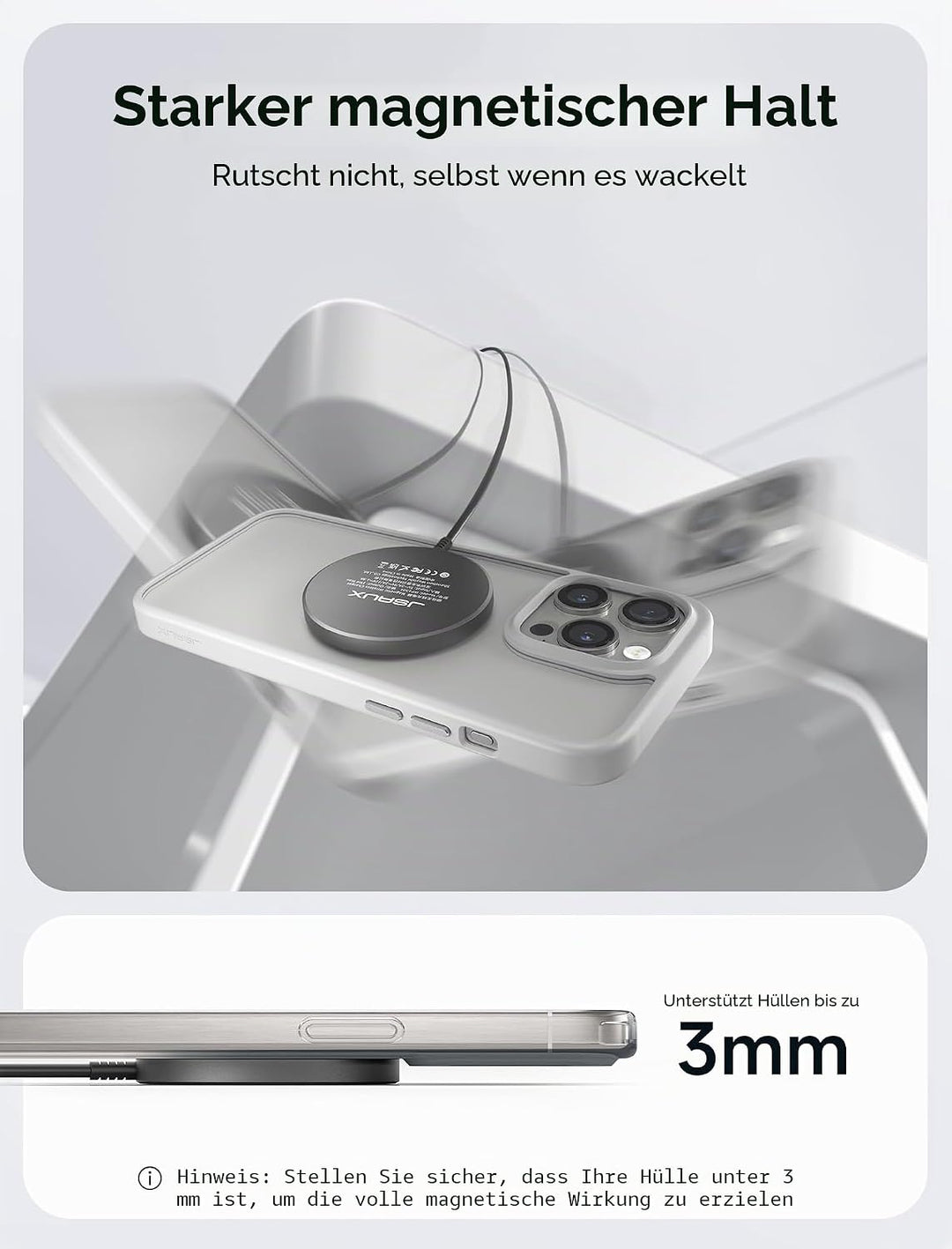 JSAUX 15W Mag-Safe Ladegerät Magnetisches Kabelloses Wireless Charger Pad Induktive Ladestation Komp