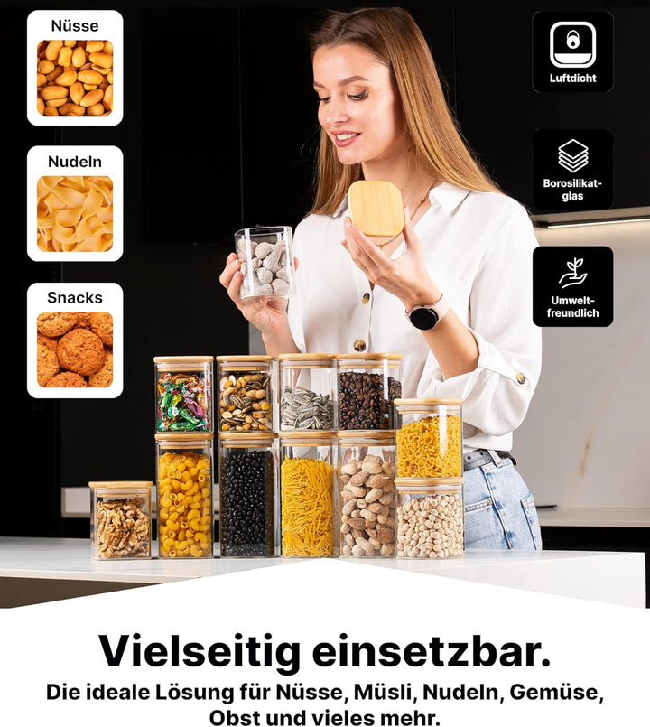 Deco haus® Vorratsgläser mit Deckel eckig 12er Set [+ETIKETTEN] - Vorratsdosen Glas mit Deckel luftd
