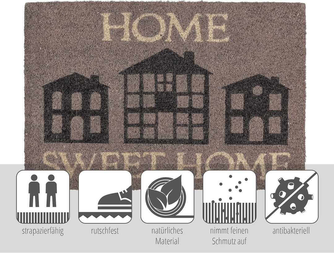 Rutschfeste Kokosmatte - Fussmatte Home Sweet Home grau 40x60cm (Rechteckig) Home Sweet Home Grau 40