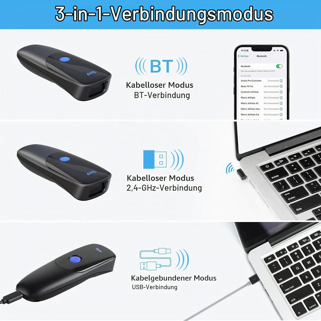 Tera Pro Series 2D QR 3-in-1 Portable Mini Barcode Scanner Bluetooth &amp; USB Cable &amp; 2.4G Wireless wit