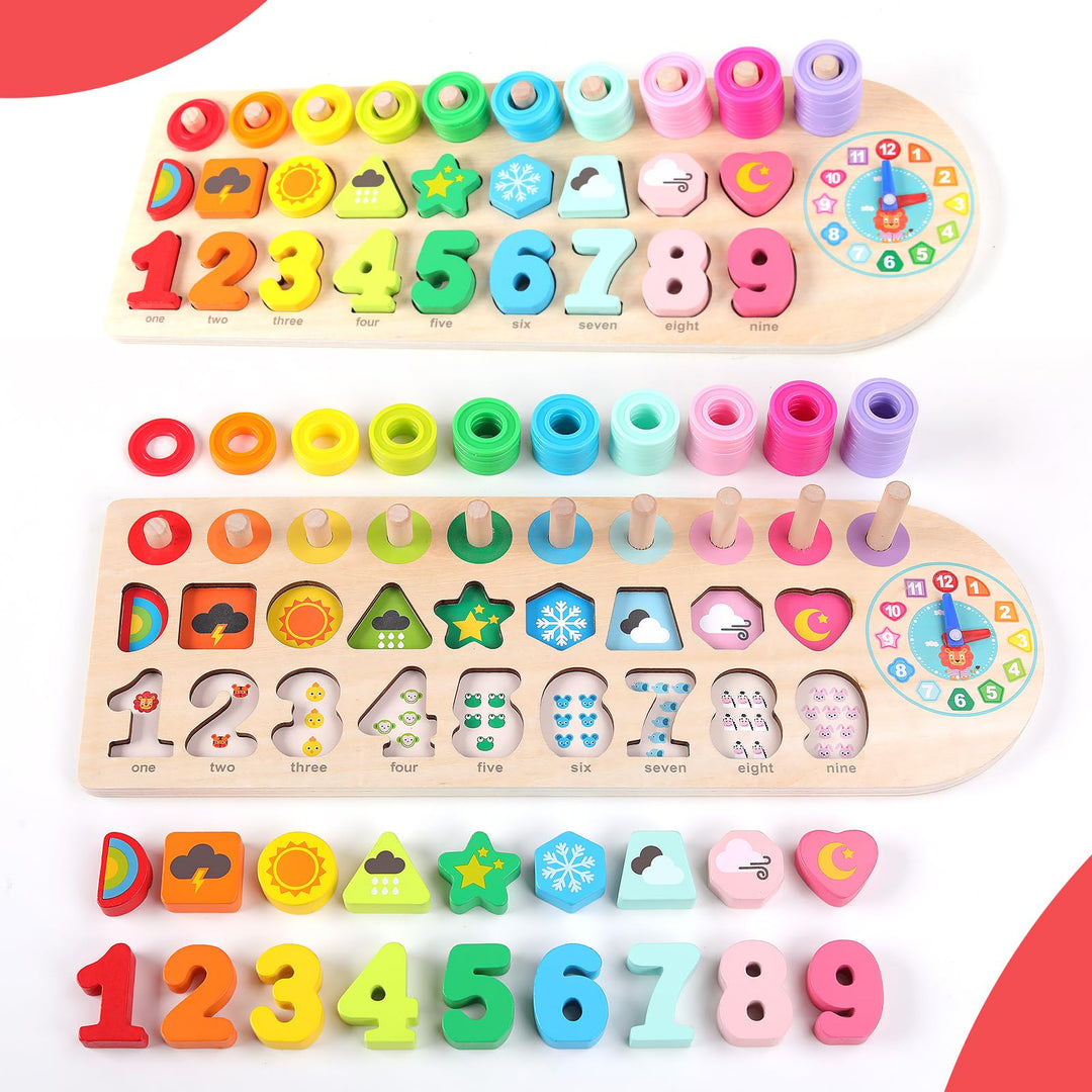 ANPEAC Holzpuzzles mit Lernuhr, Montessori Holz-Puzzle-Spielzeug,Lernspiel Mathematik für Kinder Bab