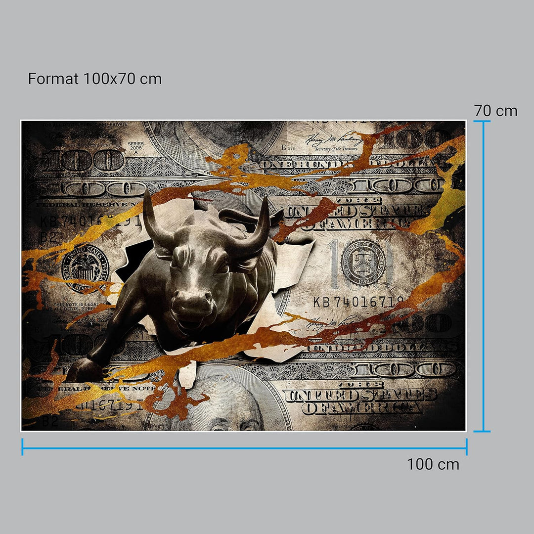 wandmotiv24 Poster als Wanddeko, Grösse 100x70cm, Stier stürmt durch Geldschein, Dollar, Geld, Tier,