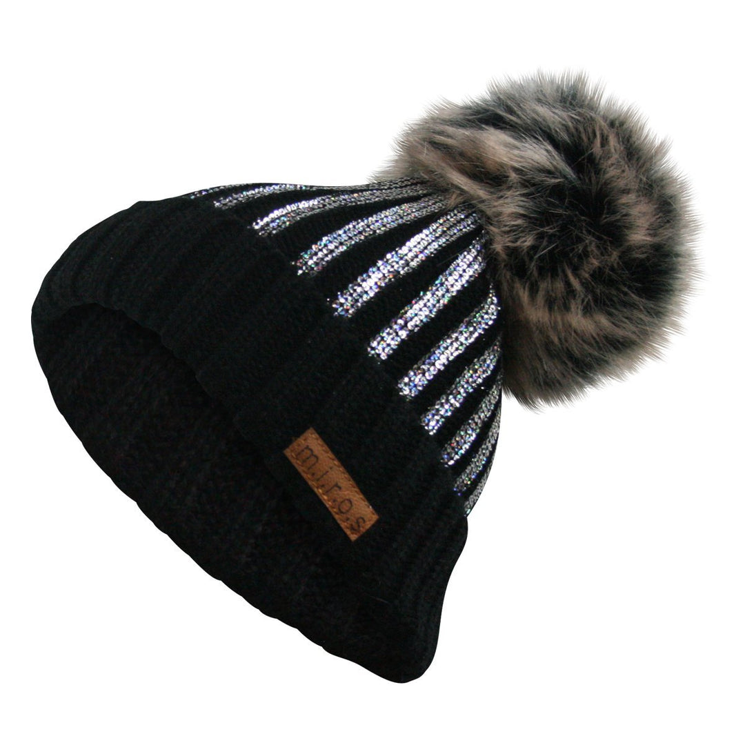m.i.r.o.s Odette Damen Wintermütze Schwarz mit silbernem Pailletten Print | handgemacht