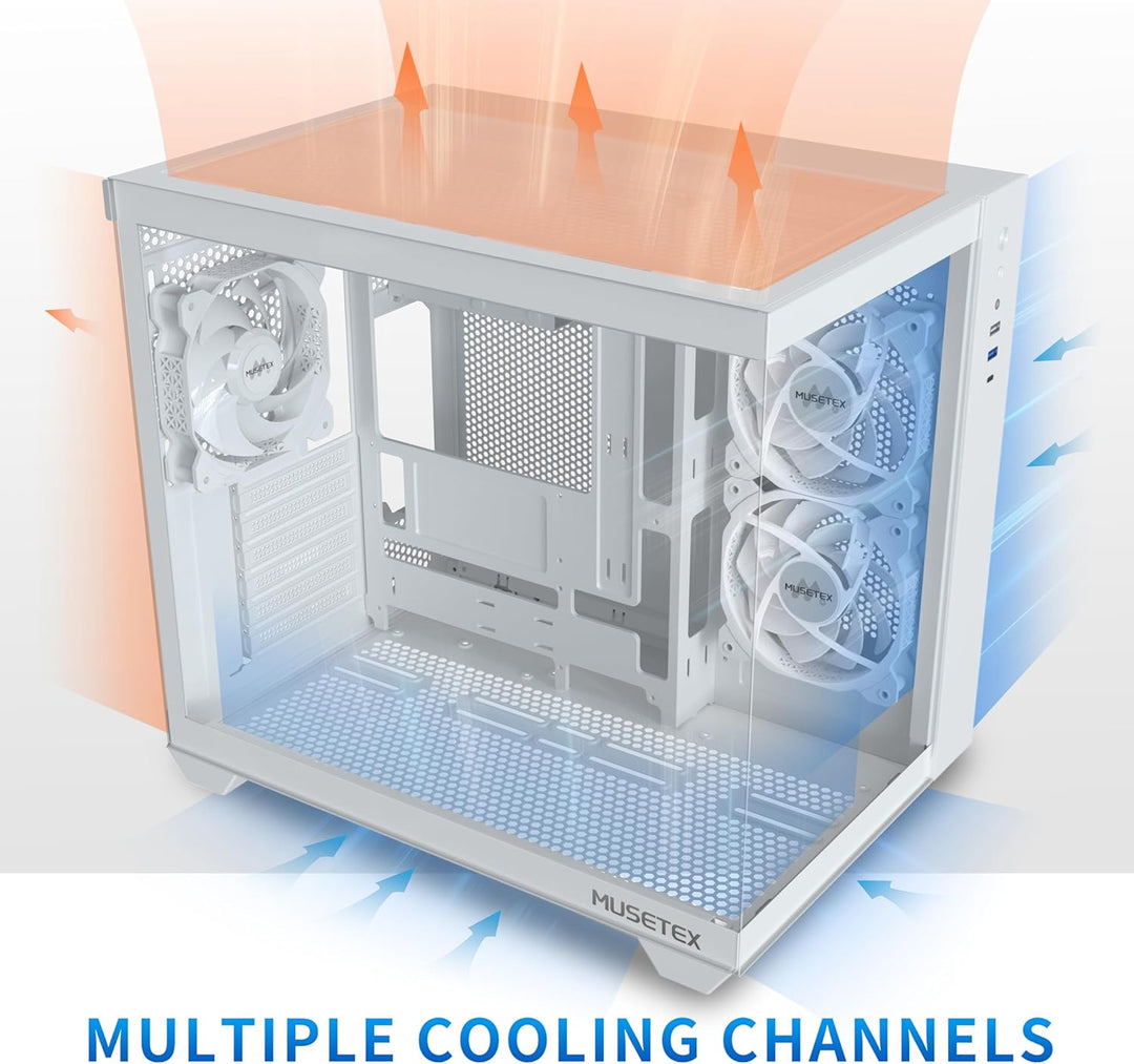 MUSETEX PC Gehäuse ATX,360MM Rad-Unterstützung, Typ-C Gaming PC Gehäuse, 270° Full View Tempered Gla