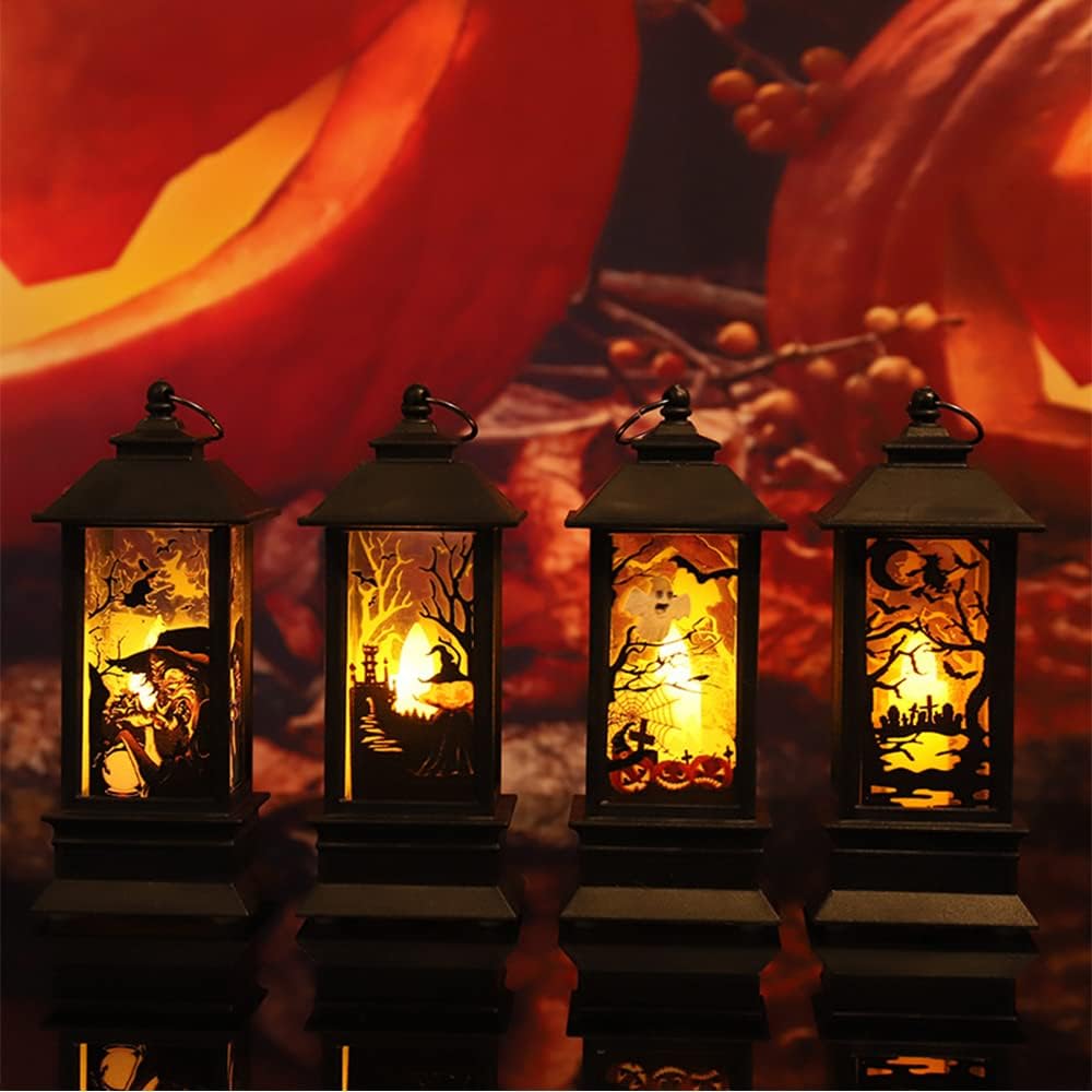 4 Stück Halloween Deko Kürbis Laterne 13cm Hohe, Halloween Laterne Outdoor mit LED Kerze, Halloween