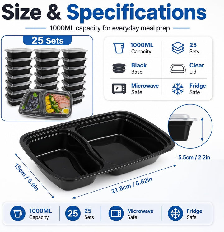 AKOLAFE 25 Stück Meal Prep Boxen 1000ml 35oz Mealprepboxen 2 Fächer Mehrweg Meal Prep Container mit