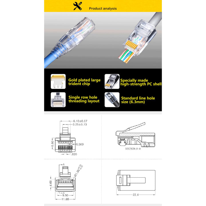 Cat6 RJ45 Pass-Through-Stecker - 50 Stück Kristall Ungeschirmte UTP 8P8C Modulare Netzwerkstecker Ca