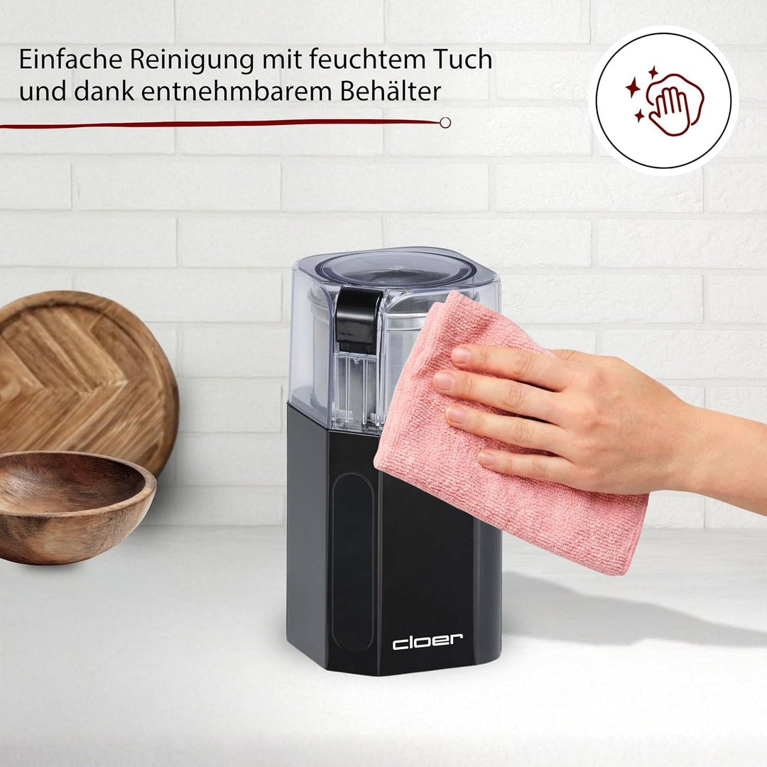 Cloer 7580 Elektrische Kaffee-und Gewürzmühle, 200 W, für Pesto, Nüsse und Getreide, bis zu 70 g Kaf