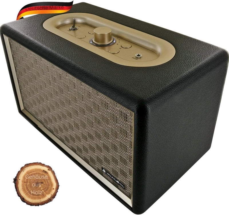 SCHWAIGER 661705 Retro Bluetooth Lautsprecher Vintage Speaker Lederoptik Holzgehäuse Akku HiFi Musik
