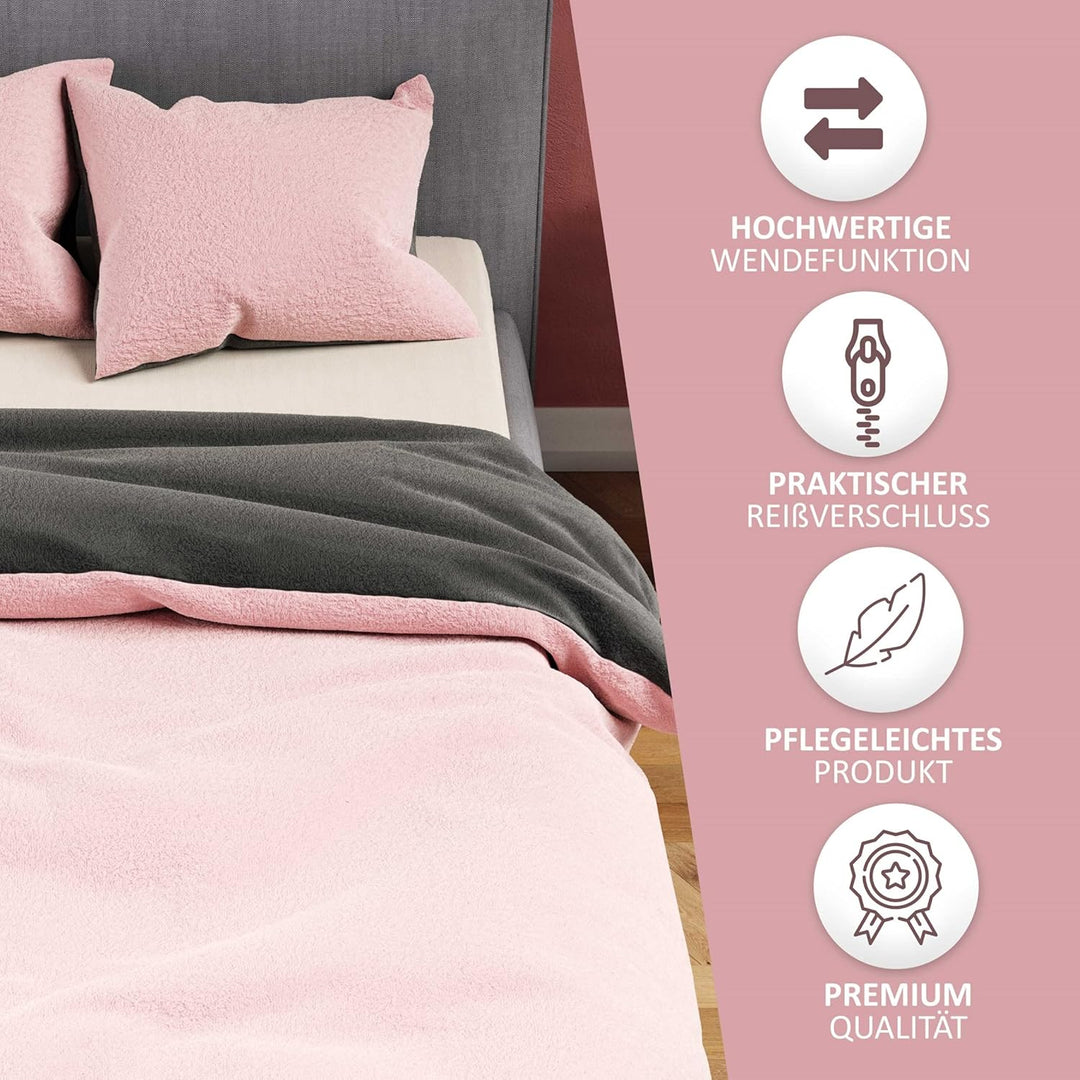 Leonado Vicenti Winter Plüsch Bettwäsche Rosa Grau 135x200 Uni Einfarbig Premium Cashmere Touch Cora