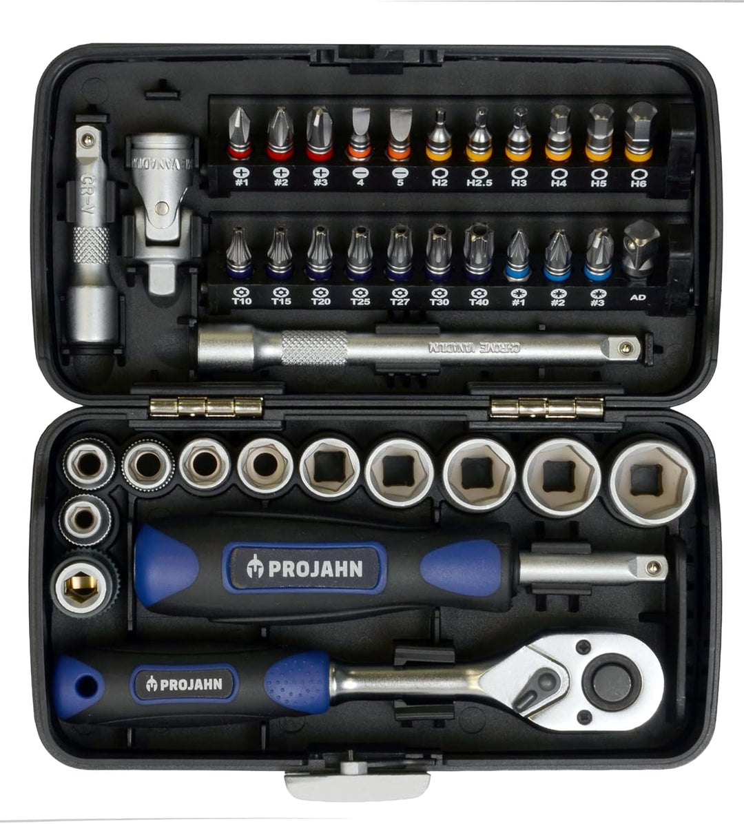 Projahn Mini Steckschlüssel und Bit-Box 38-tlg. (kompaktes Set mit verschiedenen Steckschlüssel, far