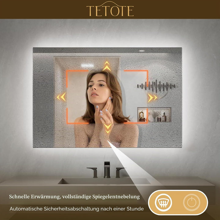 TETOTE Badspiegel mit Beleuchtung 70x90cm, Rechteckiger LED Badezimmerspiegel ohne Rahmen, Wandspieg