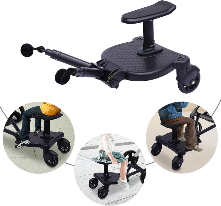 Buggy Board Universal Kinderwagen Skateboard – Mitfahrbrett mit Abnehmbarem Sitz 25kg, Faltbares Tri