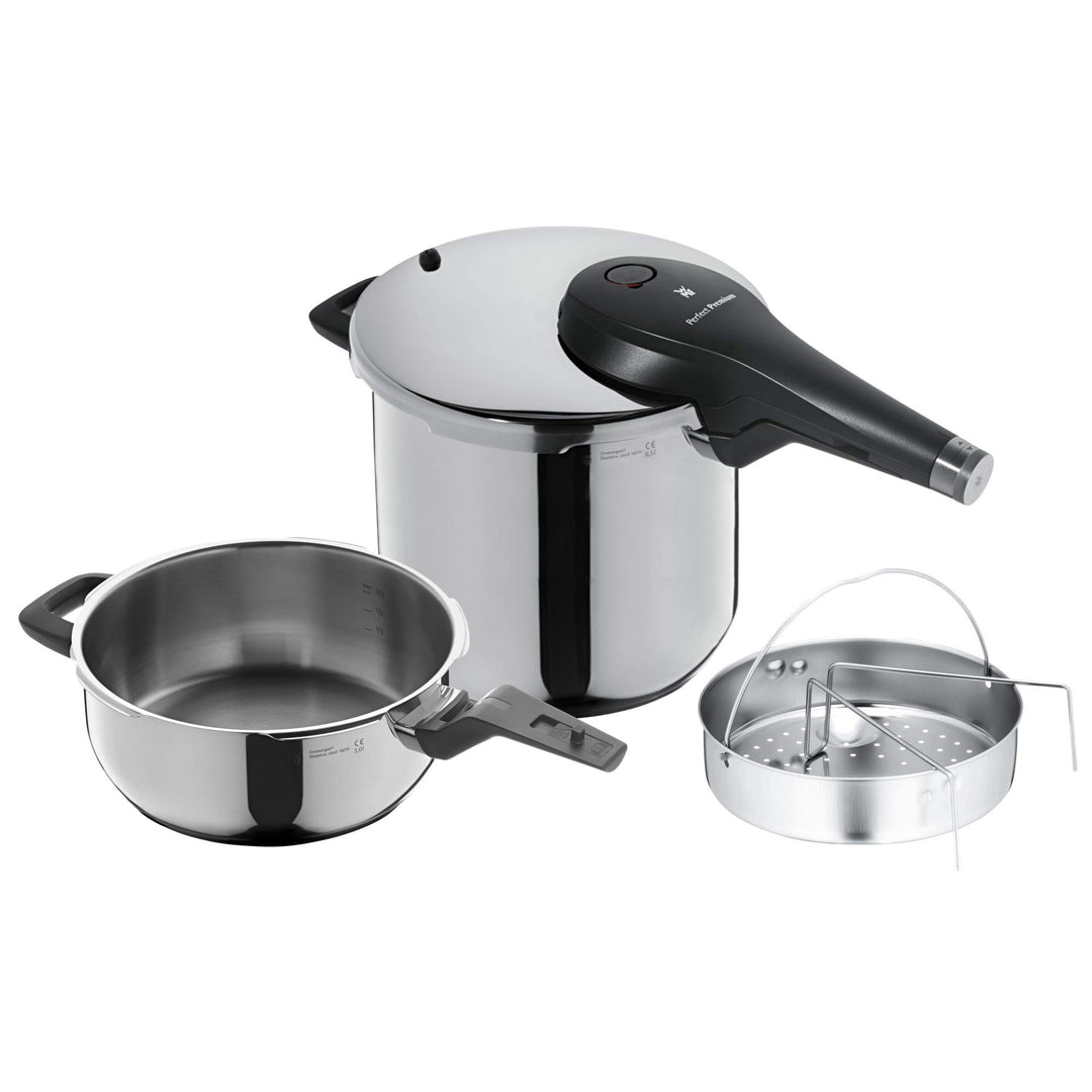 WMF Perfect Premium Schnellkochtopf Set Induktion 3-teilig, Dampfkochtopf 6,5l + 3l mit Einsatz-Set,