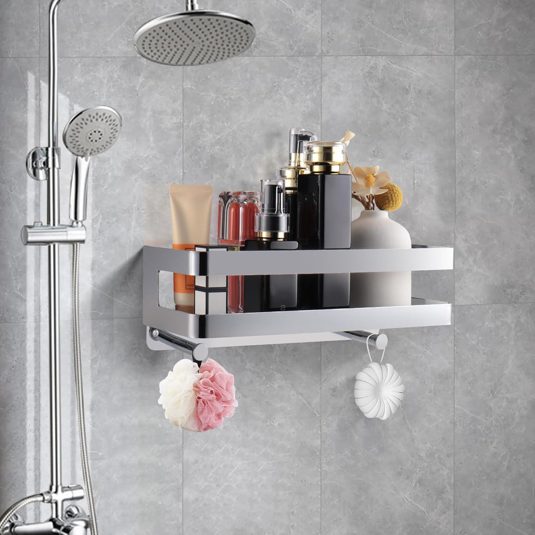 Duschablage Edelstahl Badezimmer Organizer, Duschregal mit Haken für Shampoo und Duschgel (Silber) (