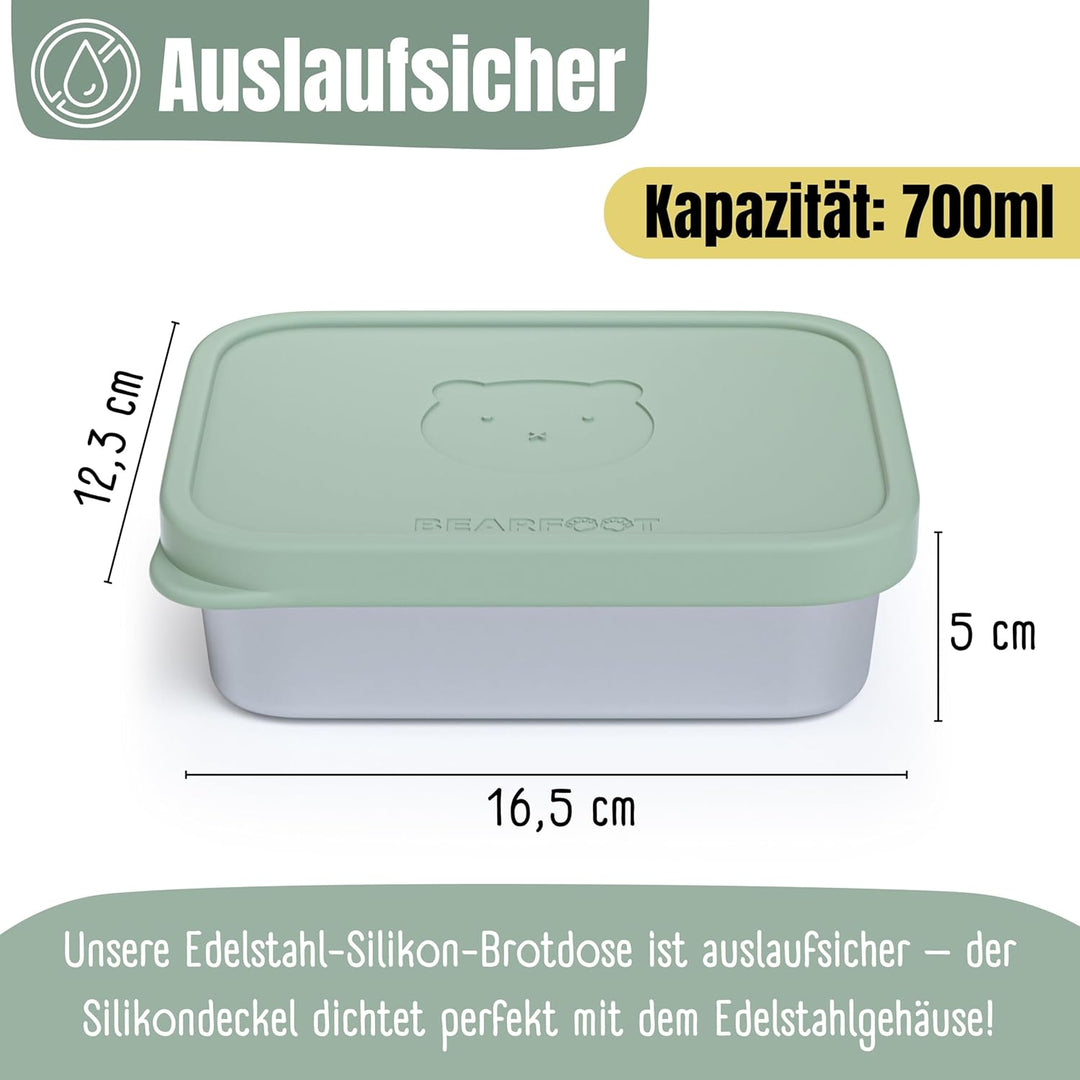 BEARFOOT Edelstahl Brotdose Kinder mit Silikondeckel (Grün, 700 ml) | BPA-frei, auslaufsicher, Brotz