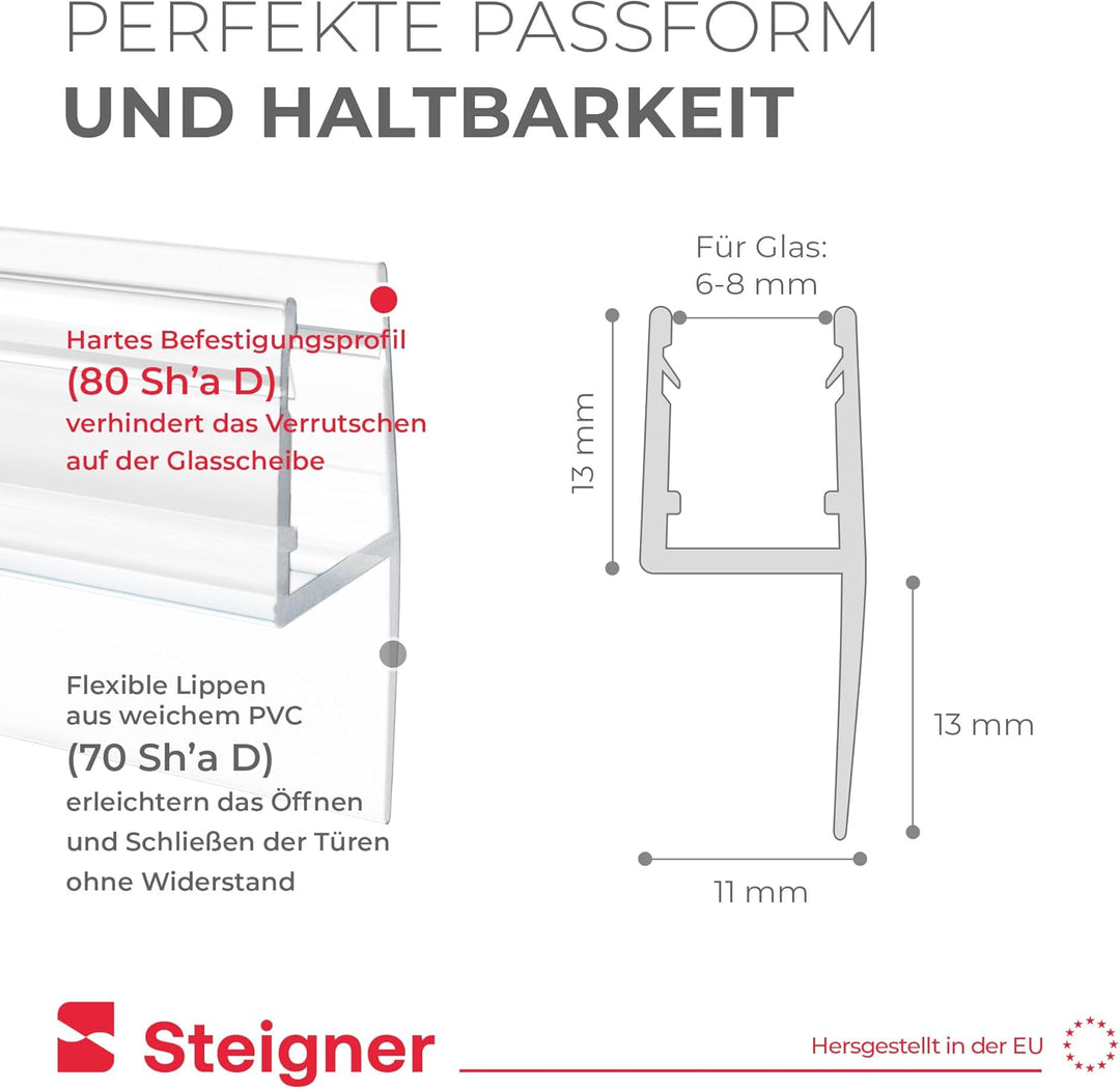 STEIGNER Duschdichtung, 120cm, Glasstärke 6/7/ 8 mm, Vorgebogene PVC Ersatzdichtung für Runddusche,