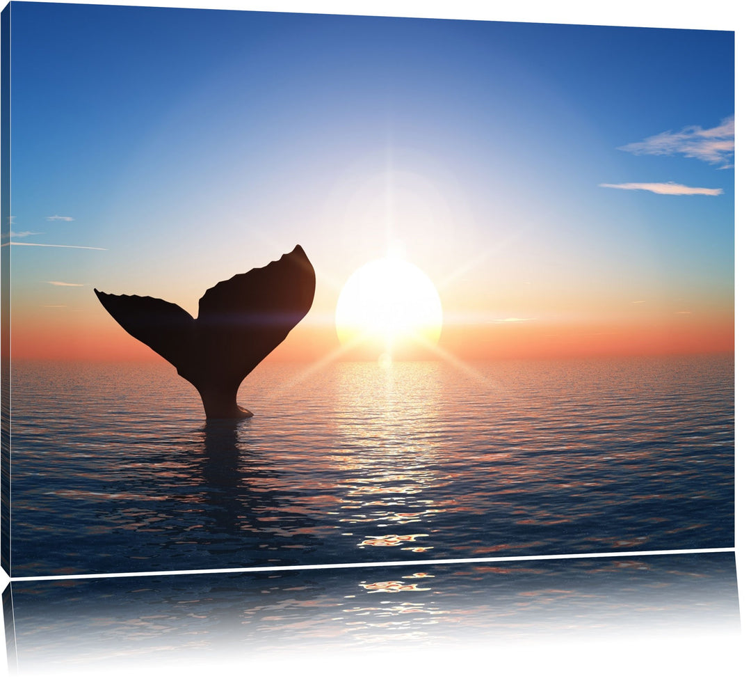 Walflosse im Sonnenuntergang Format: 100x70 auf Leinwand, XXL riesige Bilder fertig gerahmt mit Keil