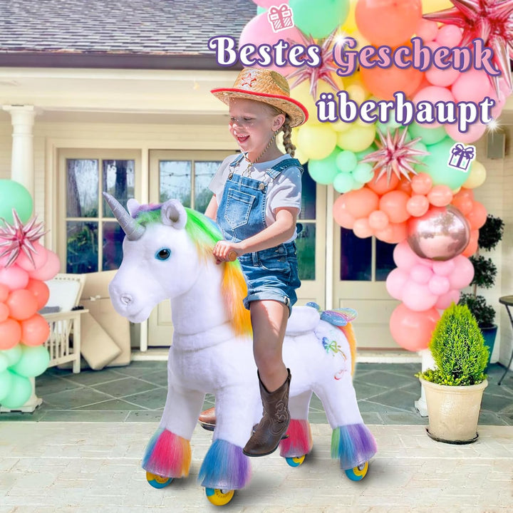 PonyCycle Einhorn Reitpferd, für Kinder 3–4 Jahre, 76cm Hoch, Pferd mit Rollen mit Handbremse, Einho