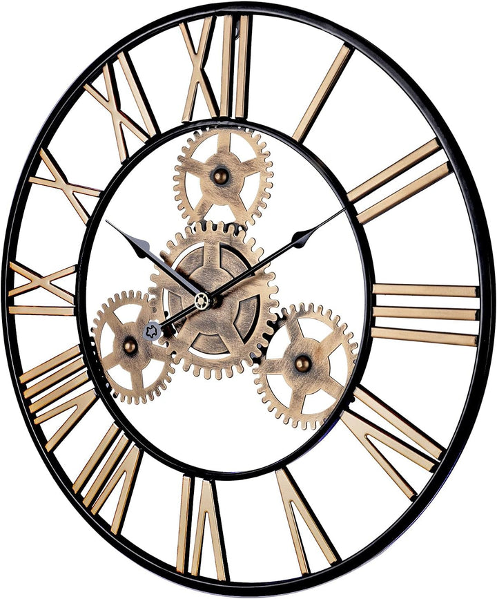 Lafocuse Industriell Gold Zahnrad Wanduhr Gross 57 cm Steampunk Lautlos Metall Quarzuhr mit 3D Romis