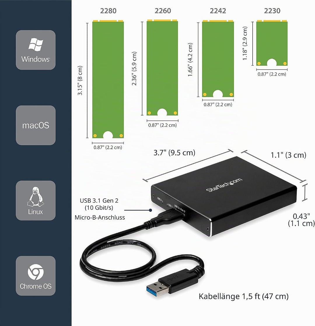 StarTech.com SSD Festplattengehäuse für zwei M.2 Festplatten - USB 3.1 Type C - USB C Kabel - USB 3.