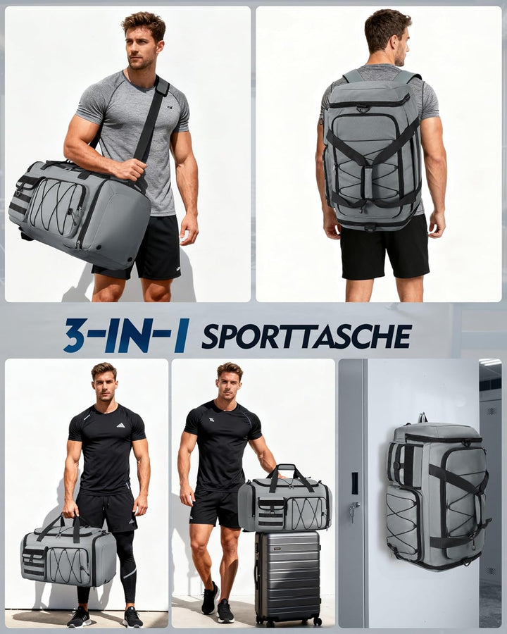 RAINSMORE 45L Sporttasche Herren Damen, 3-IN-1 Reisetasche mit Schuhfach Nassfach, Wasserdicht Gym D