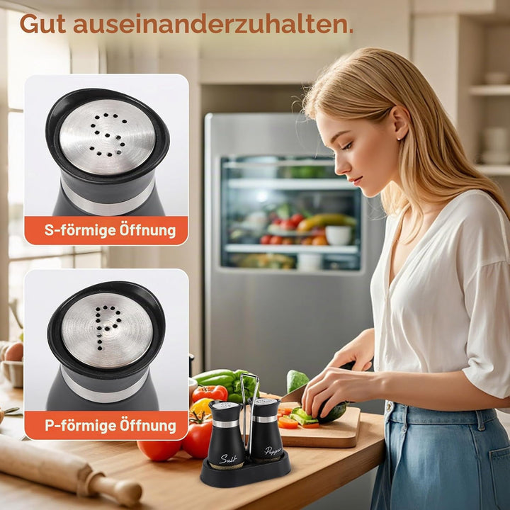Salz und Pfefferstreuer Set mit Halter, Edelstahl und Glasflasche Salz und Pfefferstreuer mit Halter