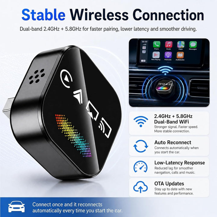 auvstar Wireless CarPlay Android Auto Adapter, Kabellos, 2026 Optimierter mit RGB LED, Mirror Link,