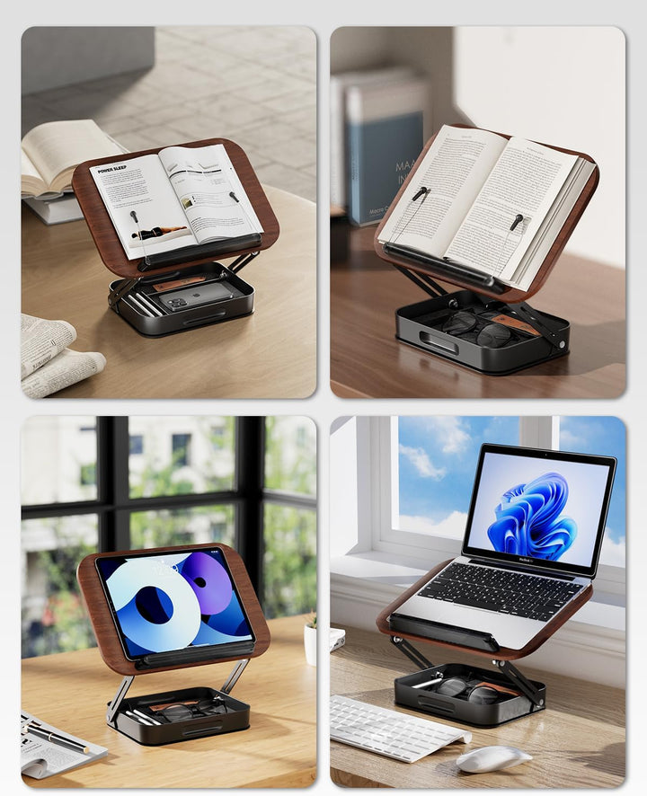 SupeDesk Buchständer Holz mit praktischem Stauraum, 360° drehbarer Buchhalter Leseständer, höhenvers