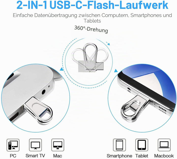 RAOYI USB C Stick 128GB Mini USB 3.0 & Type C 2-IN-1 OTG Flash Laufwerk Dual USB C Speicherstick Met