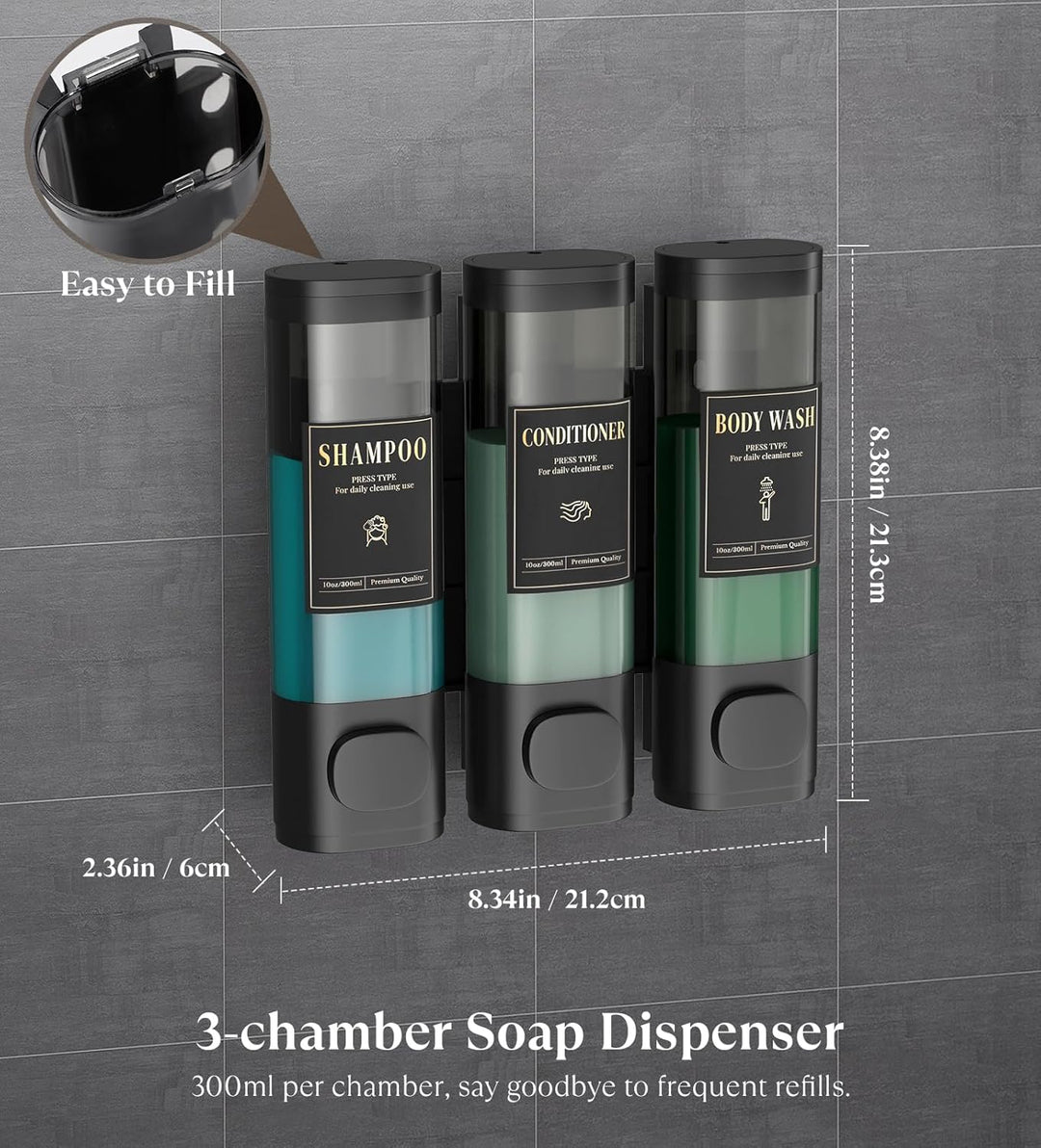 Luxspire Shampoo- und Conditioner-Spender, bohrerloser Wand-Duschseifenspender mit 3 Kammern und was