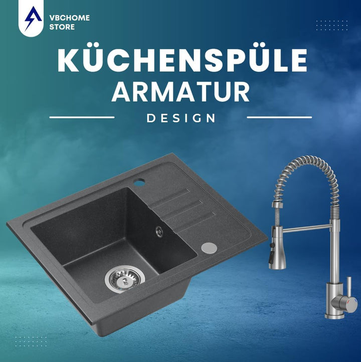 VBChome Spülbecken Granit Schwarz mit Armatur 55 x 44 cm Einzelbecken Einbauspüle Gesprenkelt Revers