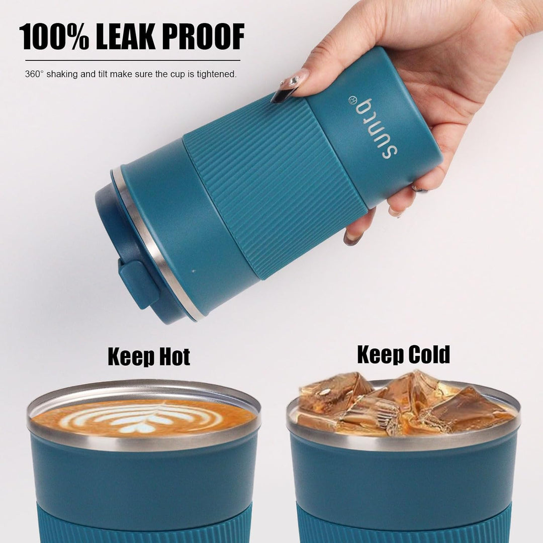 SUNTQ Kaffeebecher to go Thermo aus Edelstahl - Thermobecher mit Gummierte Manschette Doppelwand Iso