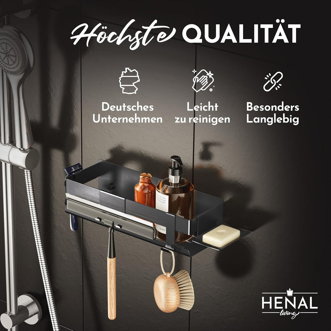 HENAL Duschablage SET 5 in 1, Edelstahl-Duschablage schwarz matt ohne bohren, Duschregal inklusive R