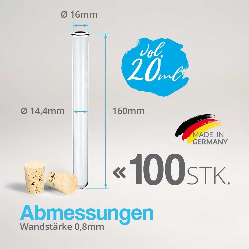 Tuuters 100x Glas Reagenzgläser mit Korken und Bördelrand (160 x Ø 16mm), 160 x Ø 16mm