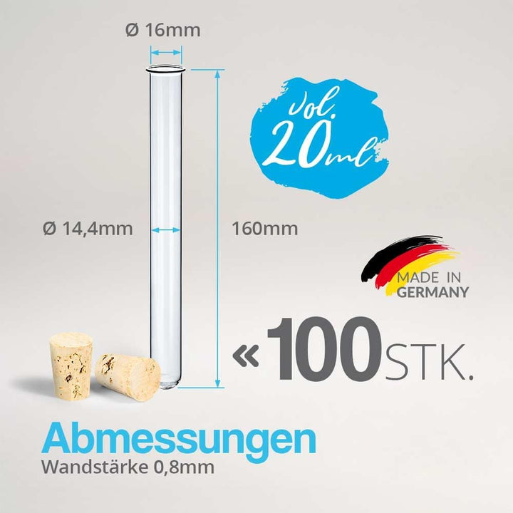 Tuuters 100x Glas Reagenzgläser mit Korken und Bördelrand (160 x Ø 16mm), 160 x Ø 16mm