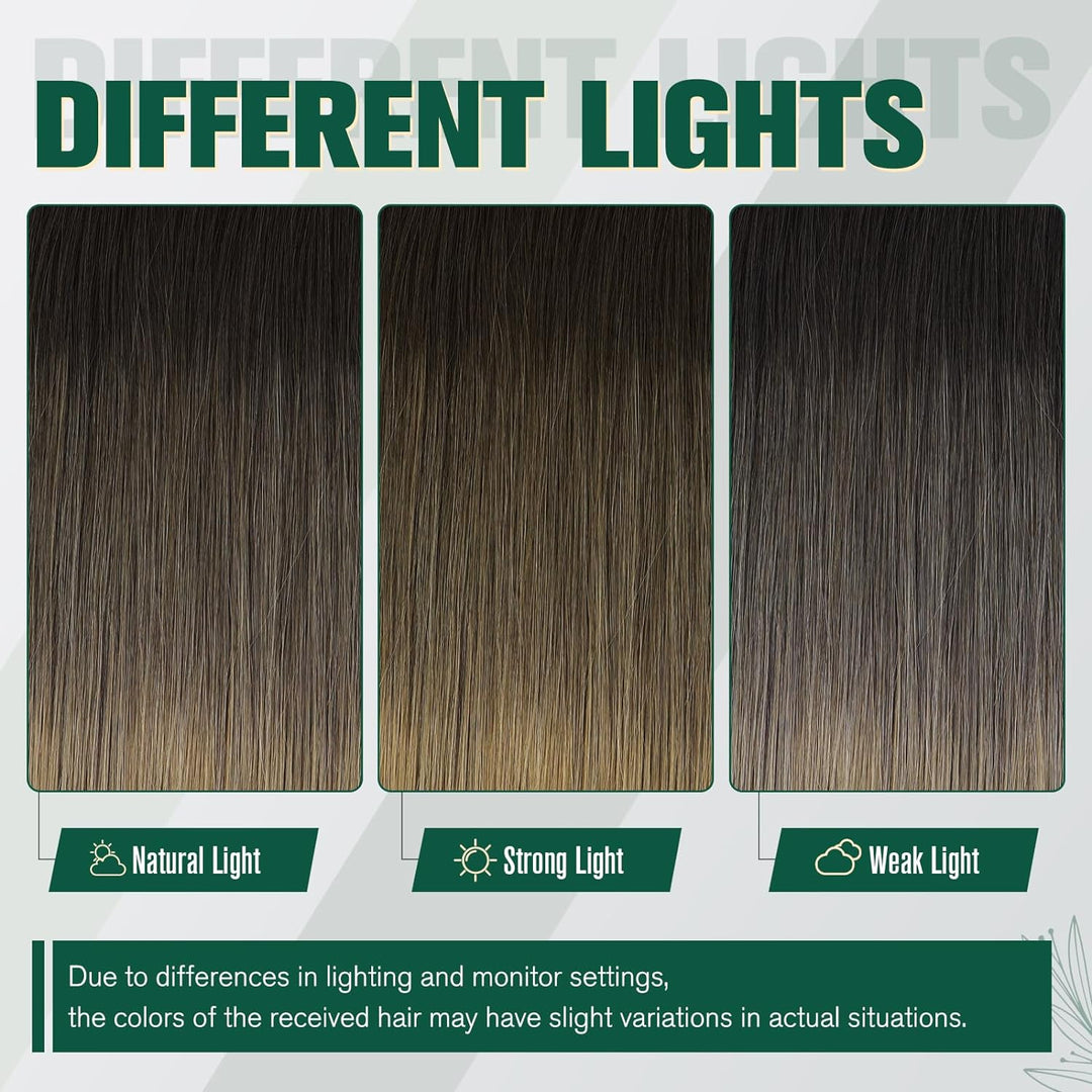 RUNATURE Tressen Echthaar Extensions Balayage Fabre Dunkelbraun mit Mittelbraun und Aschblond Sew in