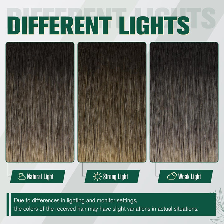 RUNATURE Tressen Echthaar Extensions Balayage Fabre Dunkelbraun mit Mittelbraun und Aschblond Sew in