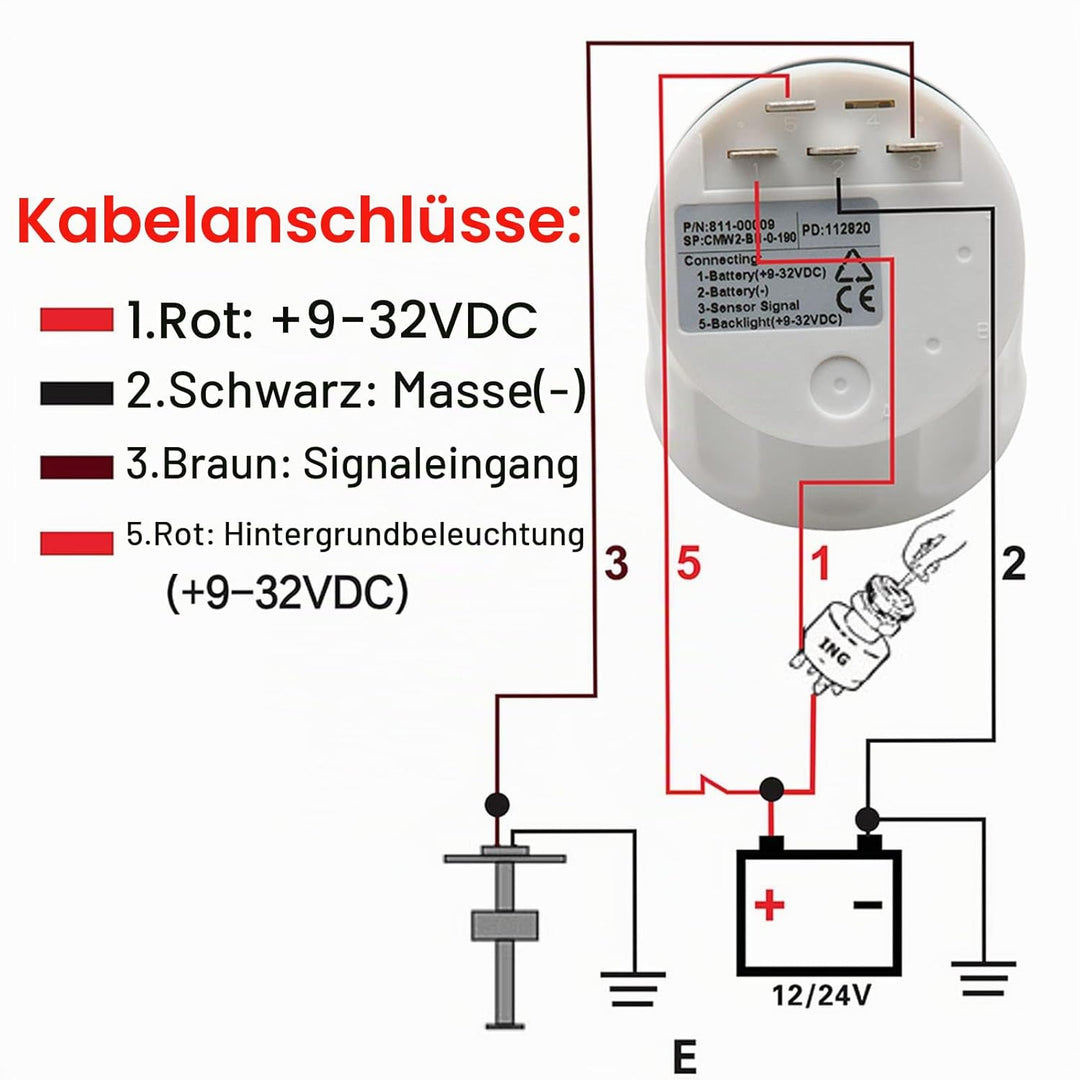 Kraftstoffstandsanzeige mit Kraftstoffstandssensor, 0–190 Ohm rote Hintergrundbeleuchtung Tankuhr mi