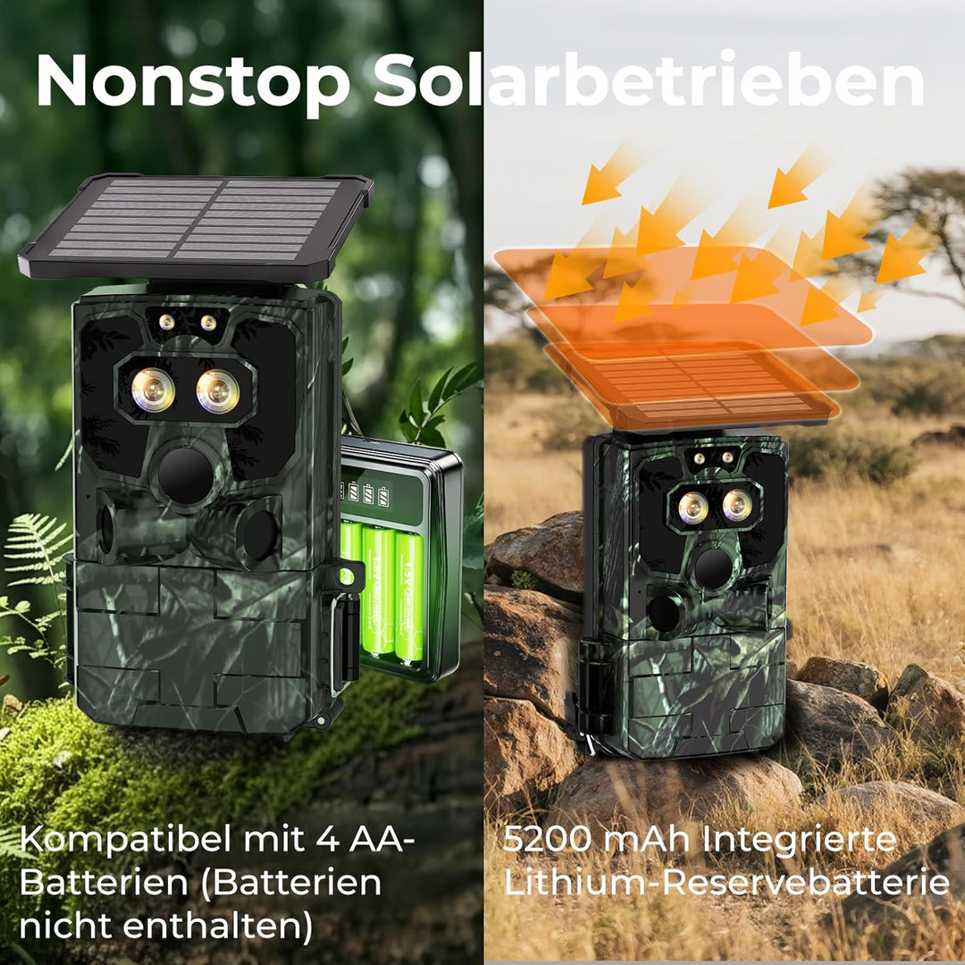 VOOPEAK Duales Objektiv Solar Wildkamera WLAN 4K 60MP, Sternenlicht Nachtsicht Wildkamera mit Handyü