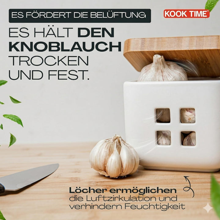 KOOK TIME Knoblauch Dose - Matt Weiss Keramik Knoblauchtopf mit Bambusholz Deckel, Perfekte Knoblauc
