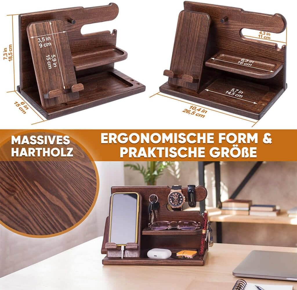 Holz Telefon Dockingstation Asche Baum Geldbörsenständer & Uhren Organizer Herren Weihnachten Gesche