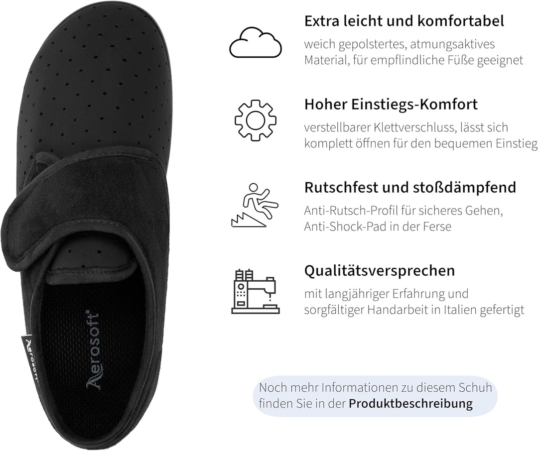 Aerosoft Klett-Halbschuh Stretch 10 Damen Herren Weite G-H Wechselfussbett leicht 36 EU Weit Schwarz