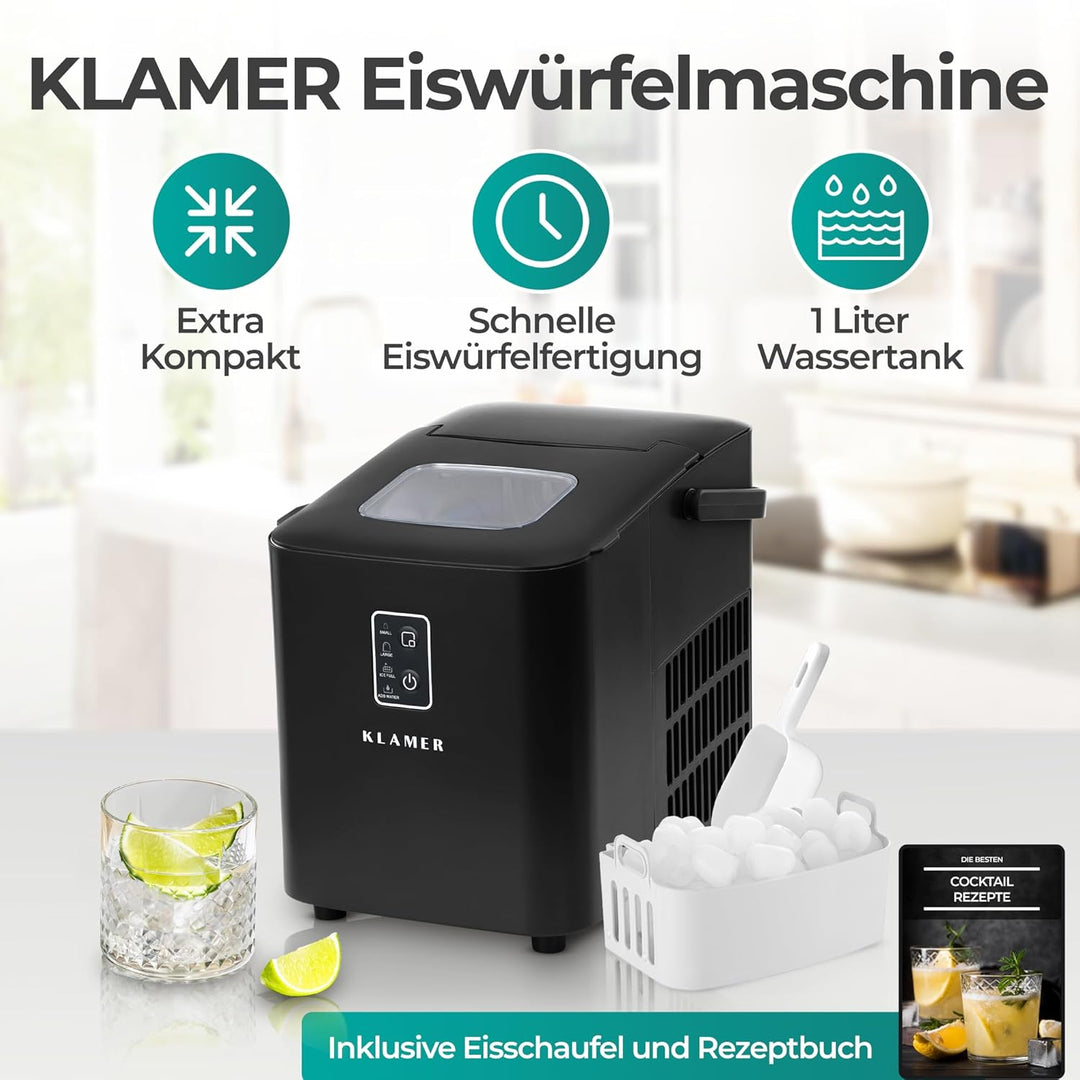 KLAMER Eiswürfelmaschine klein (2025), 8 Eiswürfel in 8 Minuten, 11 kg Eiswürfel pro Tag, 2 Eiswürfe